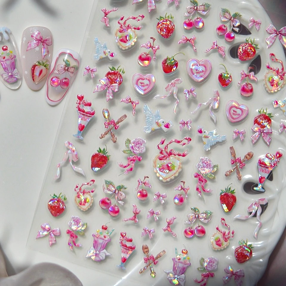 Mooie rode appel kawaii kat luipaard ster kant strik lint aardbei kersen roze hart roos nail art stickers manicure stickers