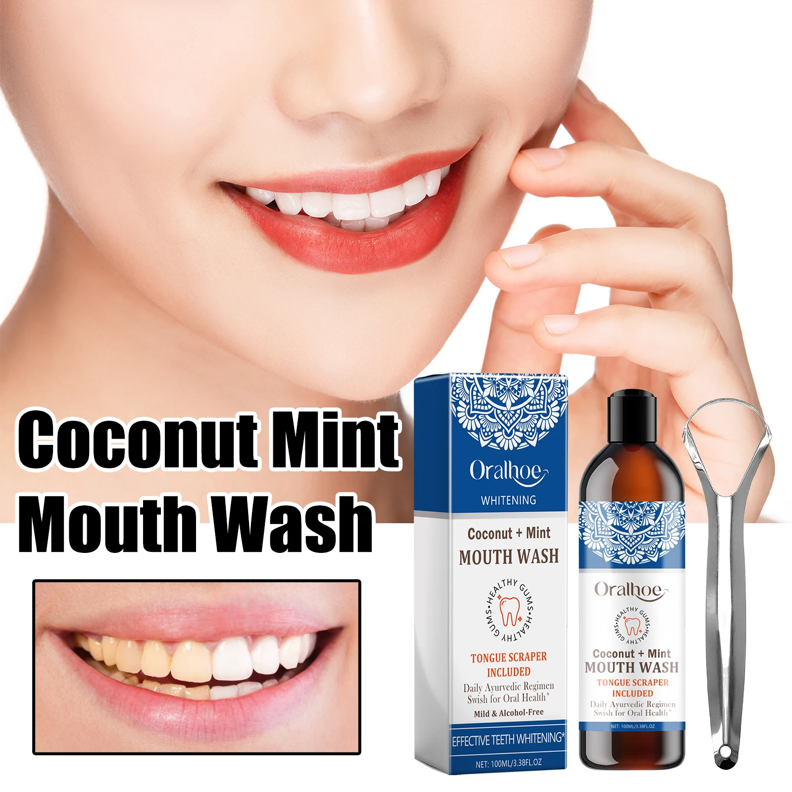 Coconut Mint Pulling Oil Mouthwash Alcohol-free Teeth Whitening Fresh Oral Breath Tongue Scraper Set Mouth Heal