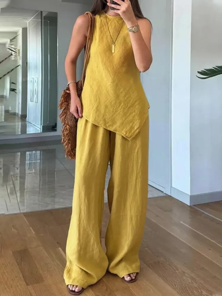 ファッショナブルな O ネックノースリーブ不規則なトップ + ワイドレッグパンツ 2 点セット女性のためのエレガントなソリッドカラーのルーズカジュアルスーツ女性