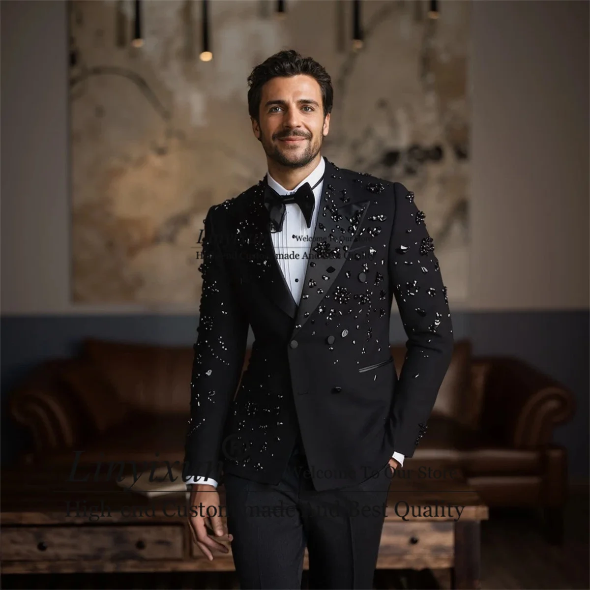 Sparkly Jewelry Ornament Men Suit Customized Double Breast Groom Party Male Prom Blazers Wedding 2 Pieces Sets Party ropa hombre
