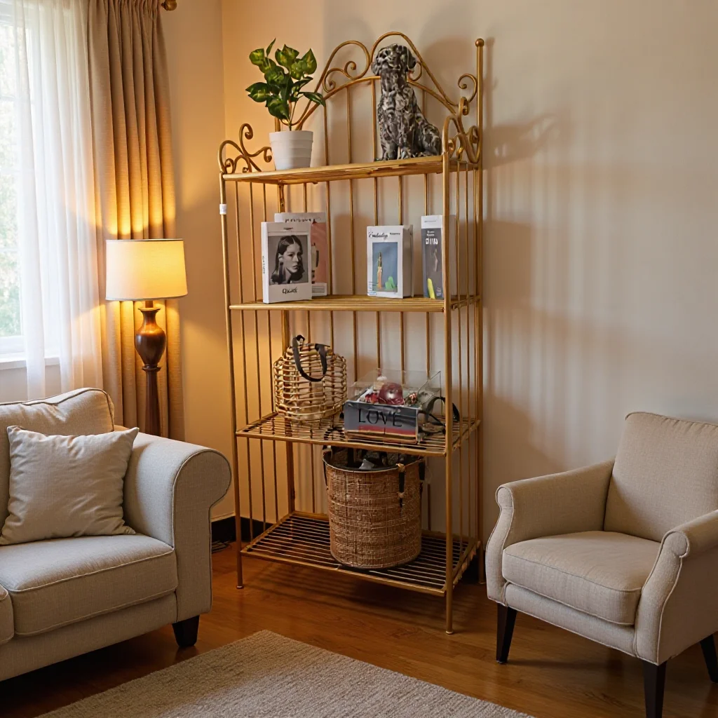 

Wrought iron shelf display rack, golden bookshelf, simple foldable floor storage rack