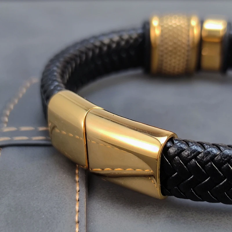 MingAo 2023 Fashion Vacuum Plating Gold Single Layer Cross Leather Bracelet Charm Bracelet Men\'s Hand Jewelry for Women