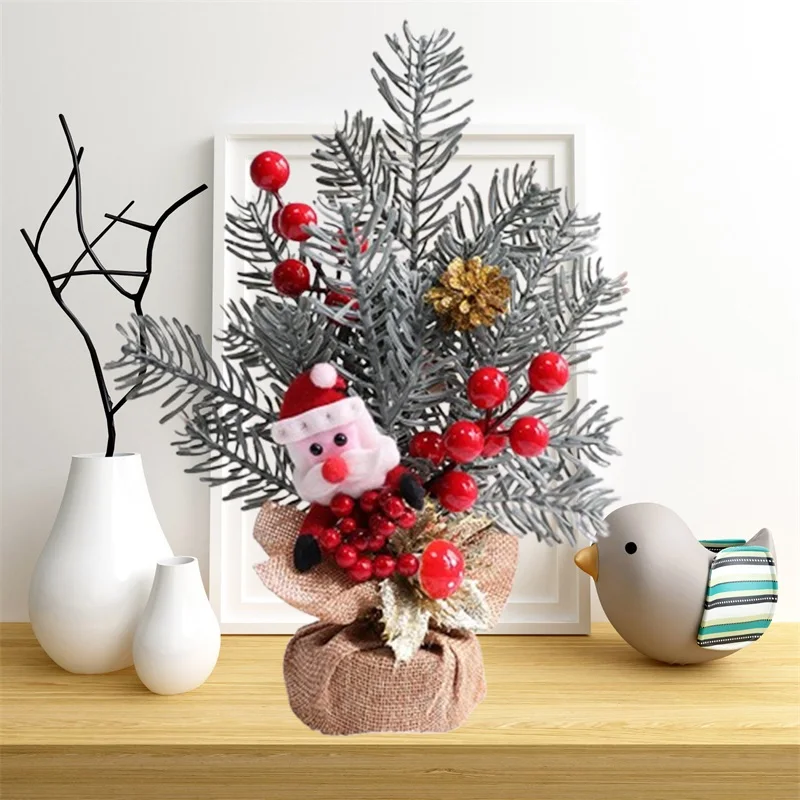 Mini-Weihnachtsbaum mit Sackleinen-Taschensockel, DIY handgefertigte rote Beeren, künstlicher Weihnachtsbaum, Tischdekoration