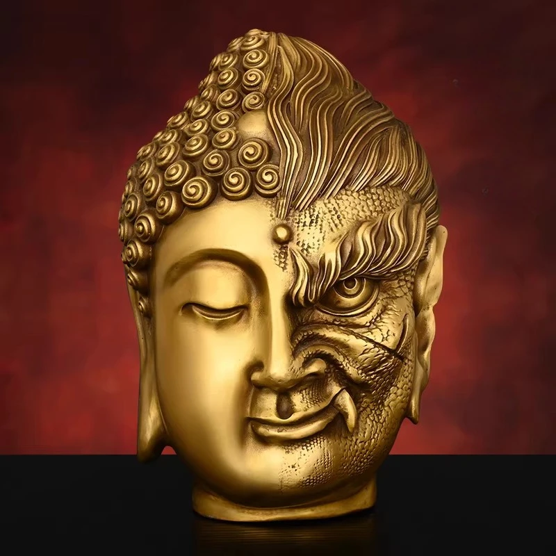 Bronze Buddha and Demon Figurine: A Moment's Thought Buddha Head Ornament for Living Room