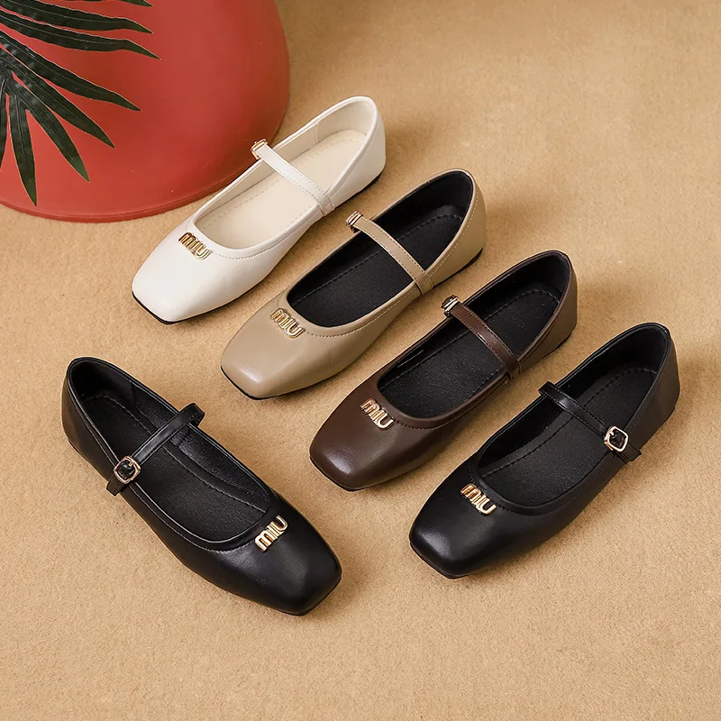 

Plus Size 36-44 Women's Designer Mary Jane Shoes INS Hot Sale Flats Leisure Shoes Square Toe Low Heel Lady Office Dress Shoes