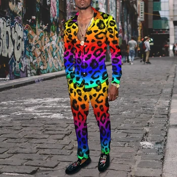 Mode Heren Casual Sportkleding 3d Bedrukt Luipaardprint Patroon Harajuku Heren Revers Shirt Met Lange Mouwen Lange Broek Tweedelige Sets