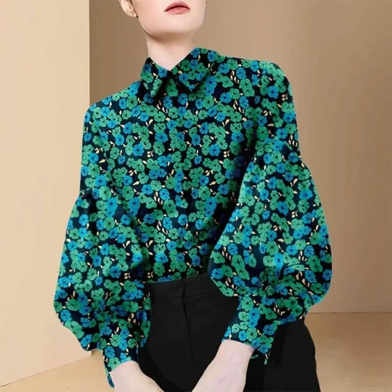 

Fashion Lantern Sleeve Vintage Printed Polo-Neck Shirt Oversized Commute Tops Long Sleeve Loose Casual Women's Clothing Blouse