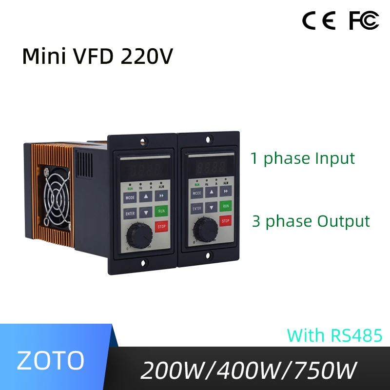 VFD Mini 200W 400W 750W Input 1-phase Output 3-phase 220V WIth RS485 Variable Frequency Drive Motor Speed Controller AC Inverter