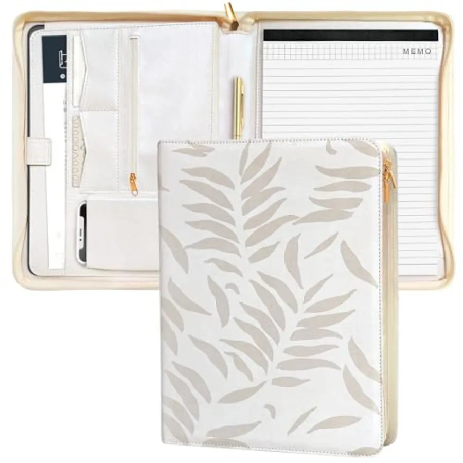 

Padfolio for Women PU Leather Zipper Binder Beige Portfolio Organizer A4 Design Zipper Padfolio Aesthetic Portfolio Binder Port