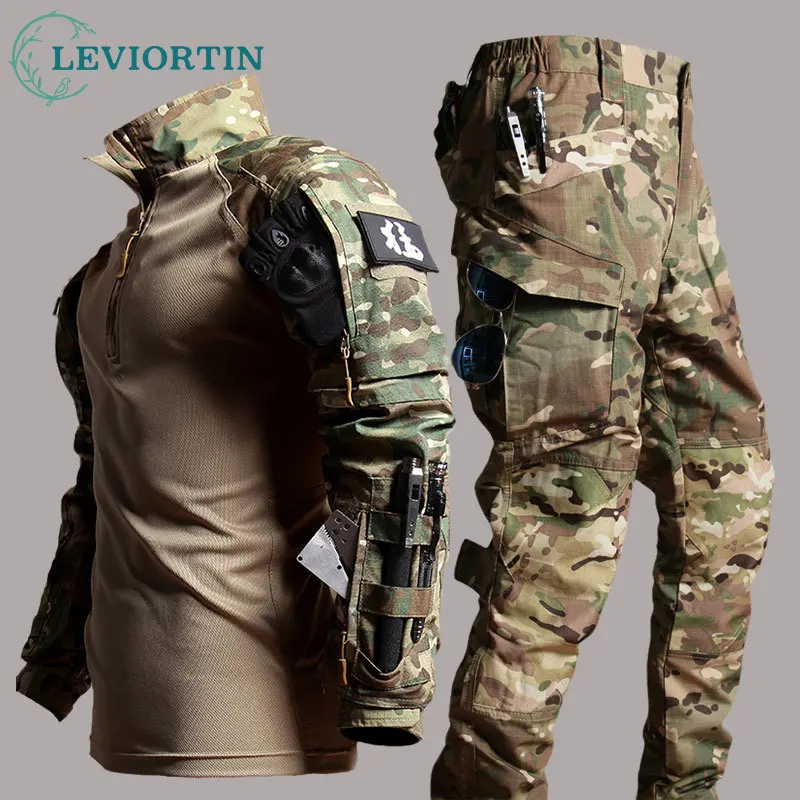 Men's Workwear Suit Outdoor Clothes Long Sleeve Tee Shirt & Trousers Wear-resisting Hunting Clothes Men Camping Suit