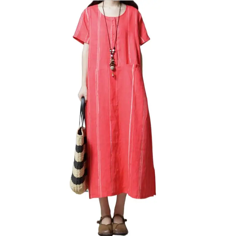 

2024 Women Summer Casual Loose Striped Dress Cotton and Linen Short Sleeves Dress With Pocket Vintage Prairie Chic Style Vestido