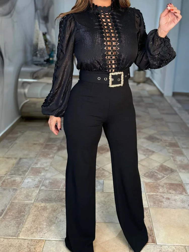 

Elegant O-neck with Belt Solid Long Jumpsuit 2025 Causal Long Sleeve Slim Fit Party Romper Women Sexy Patchwork Hollow Playsuit