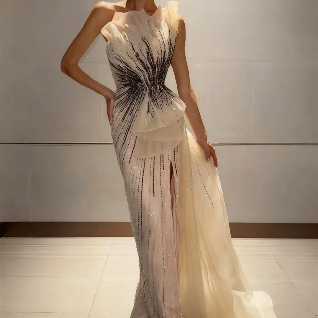 Exquisite Backless Shiny Ruffles Side Slit Evening Dress with Train One Shoulder Beading Sheath Saudi Gown for Women Custom Made