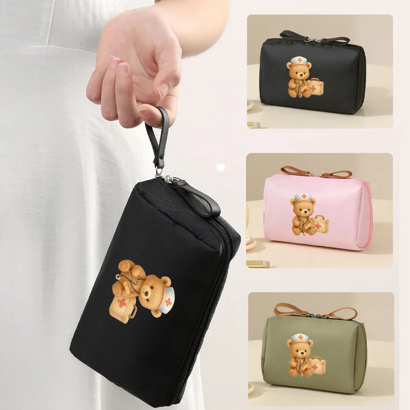 Medication Organizer Travel Bag - Cute Bear Cross Design with Medication Labels - Compact Toiletry & Makeup Organizer with Bow