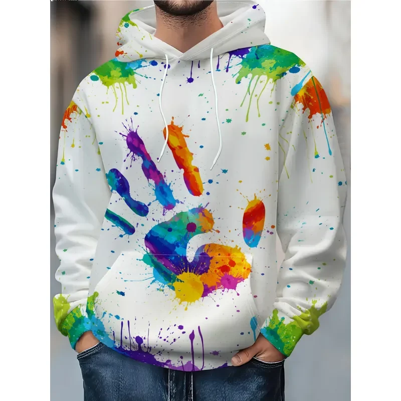 2026 Men's Trend Art Graffiti Hooded Sweatshirt Personalized Palm Ink Splashing Print Loose Casual Long Sleeve Top Streetwear