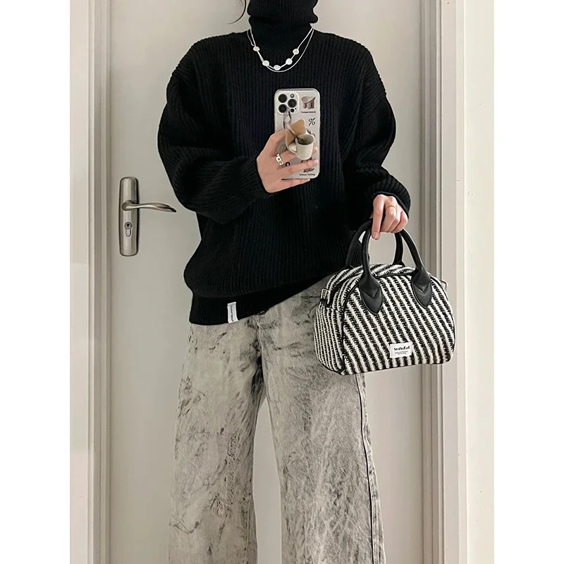 Estetica Harajuku Vintage a vita alta Jeans oversize pantalone donna Casual Baggy Y2K gamba larga Grunge Streetwear pantaloni in Denim grigio