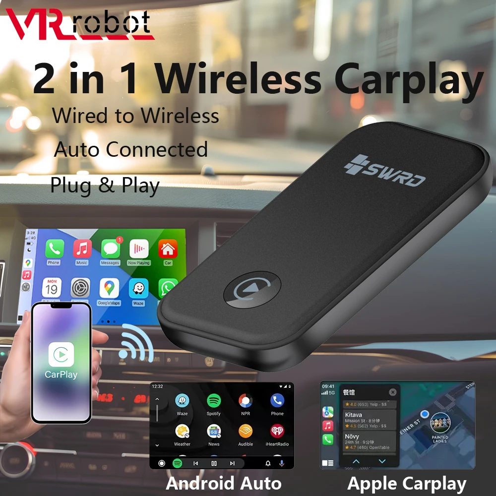 

VR Robot Wired to Wireless Carplay Android Auto Adapter Mini Wireless Car Navigation Player Mirror Screen Dongle for Car