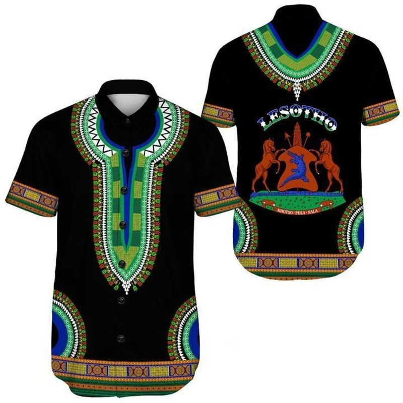 

Lesotho Map Flag 3D Print Short Sleeve Shirts For Men Clothes Africa Country Dashiki Blouses National Emblem Shirt Boy Lapel Top