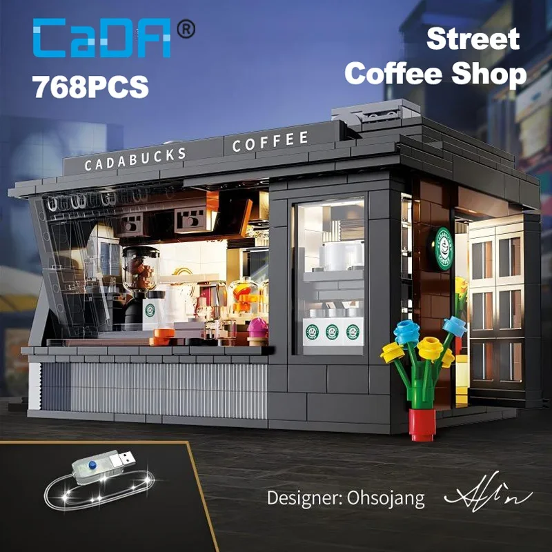 City 768Pcs Coffee Shop House With Led Lights Model Building Blocks Street View Cafe Store Assemble Bricks Toys Kids Adult Gift