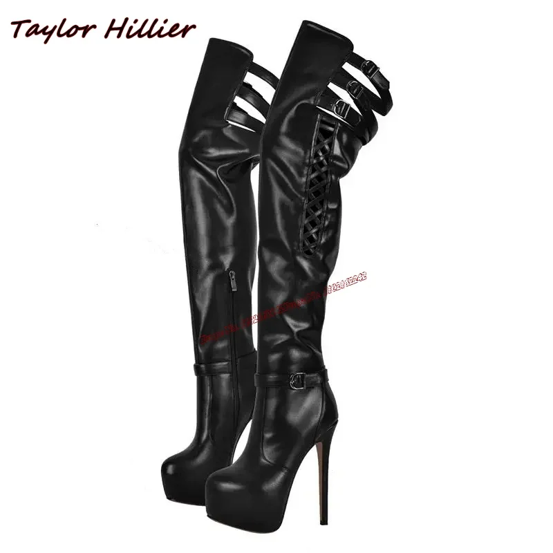 Women'S Boots And Ankle Boots Round Toe Wrapped Stiletto Heeled Over The Knee Boots Zip Up Platform Booties With Hollows Winter