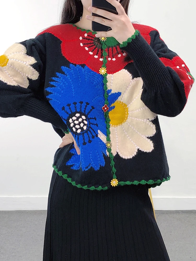 KHALEE YOSE Boho Floral Knitted Sweater Cardigan Thick Flower Black Colorful Autumn Winter Women Sweaters Women Ladies Cardigans