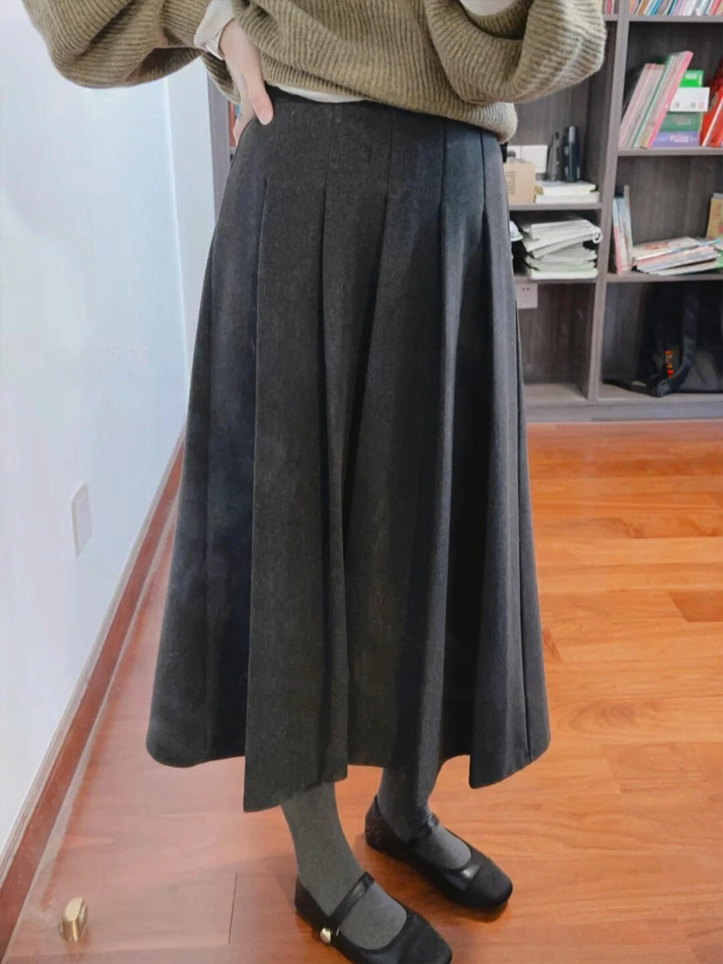 

Шерстяная юбка А-силуэта для женщин, осенне-зимняя новинка, большие размеры, плиссированная миди-юбка, деловой повседневный стиль, с завышенной талией