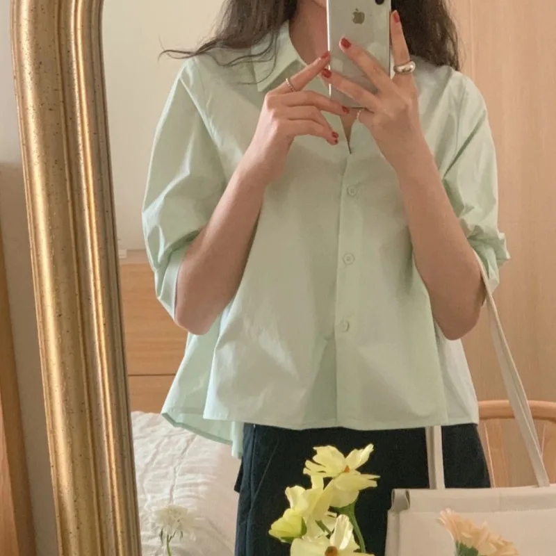 

Chic Summer Fre Ba Pleated Women's ort Sve irt Loose Faionable Casual Collar Pure Color Other Material 00%