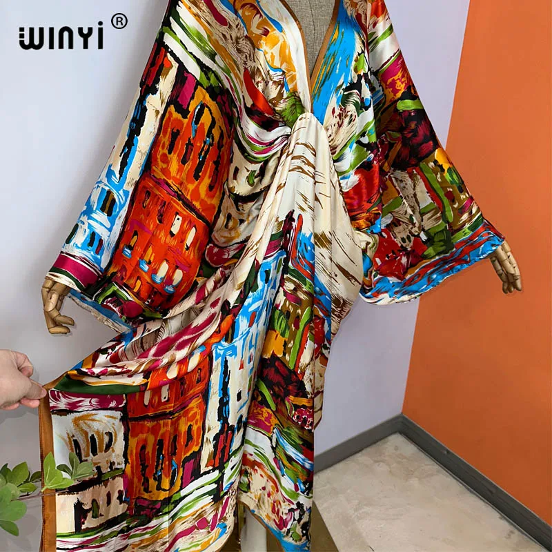 2023 WINYI Sexy Beach High-Quality Silk Feel Fashion Print Maxi Women's Robes Long V-Neck Bohemian Dress Party Evening Dress