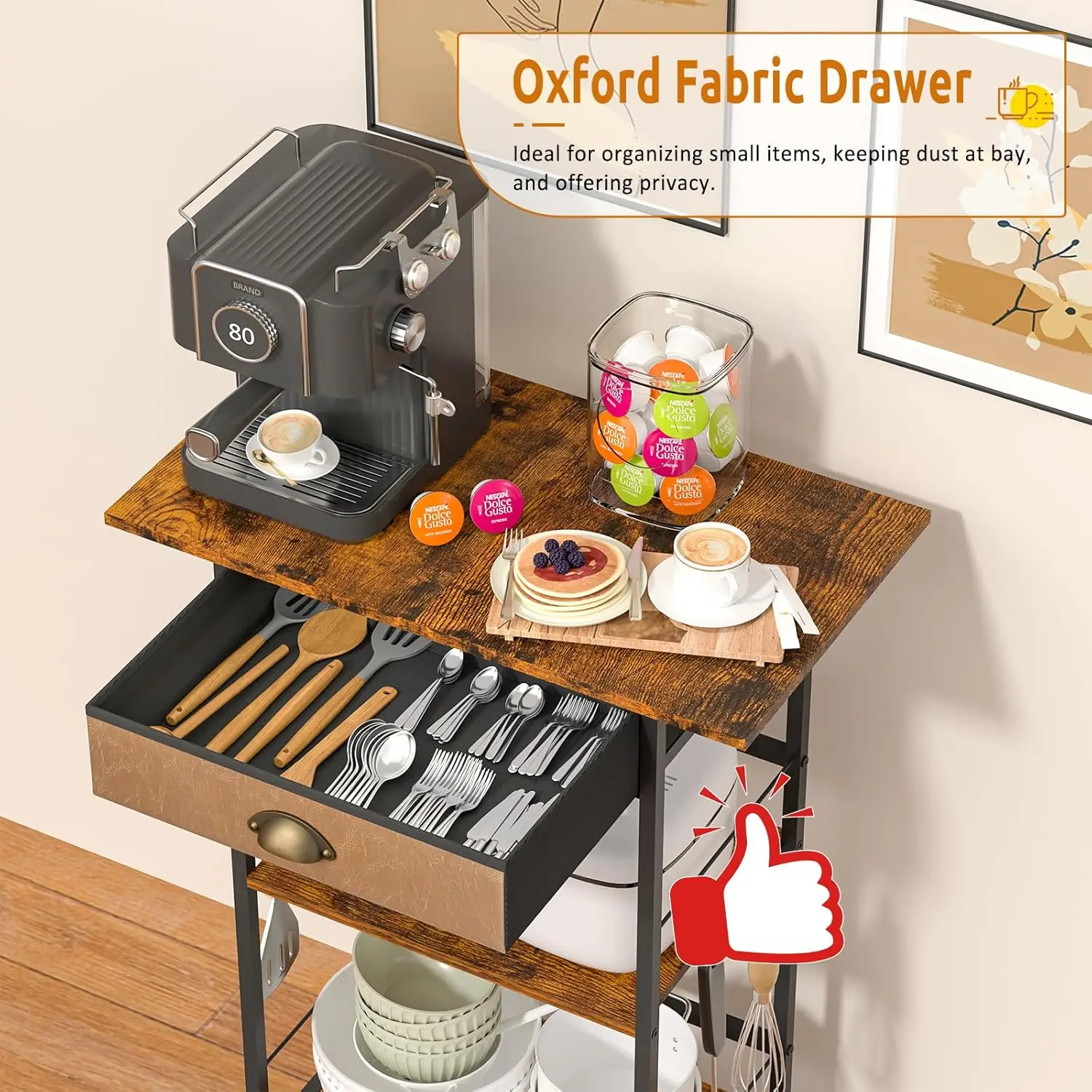 

X-Cosrack Coffee Bar Stand Station Cart With Storage Drawer -3 Tier, Extended Worktop Coffee Table, Farmhouse Corner Bar