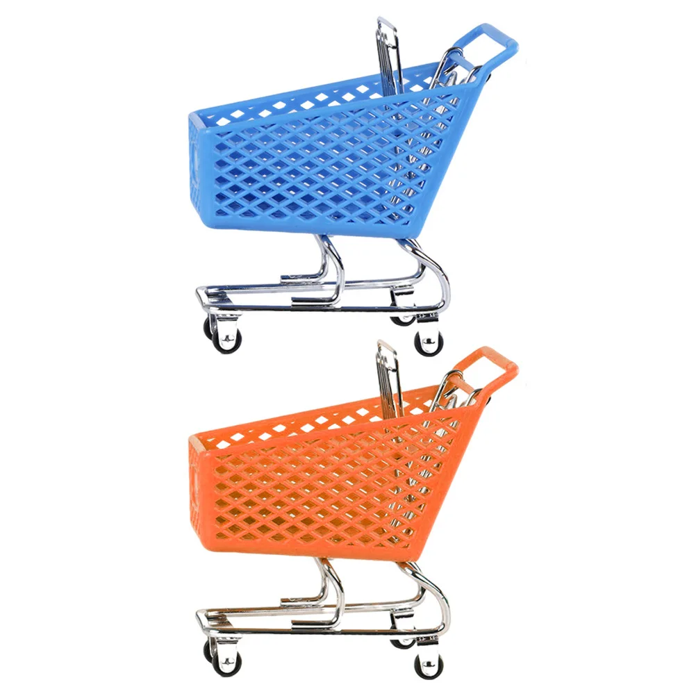 

2pcs Mini Shopping Cart Desktop Storage Basket Metal Craft Gadget Organizer Unique Desk Decor For Office Home School Study