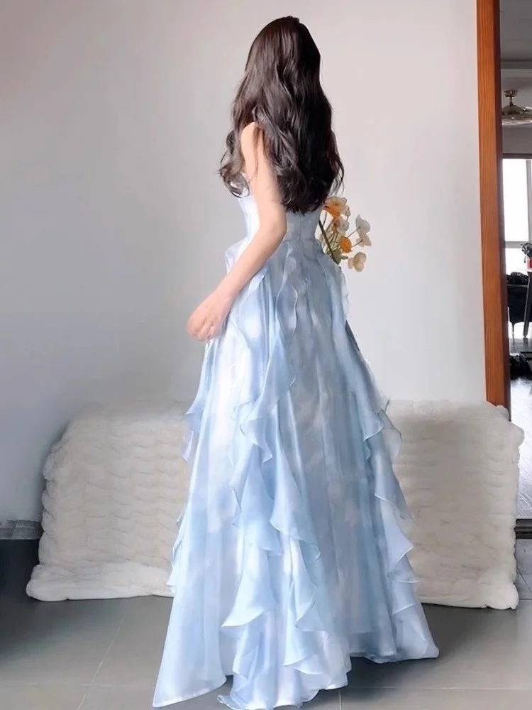 

Rixo Dore Blue Summer Long Skirt Women's Gown French Sle A-Line Chiffon Holiday Dr Ele Feel Beach Vaion Gown