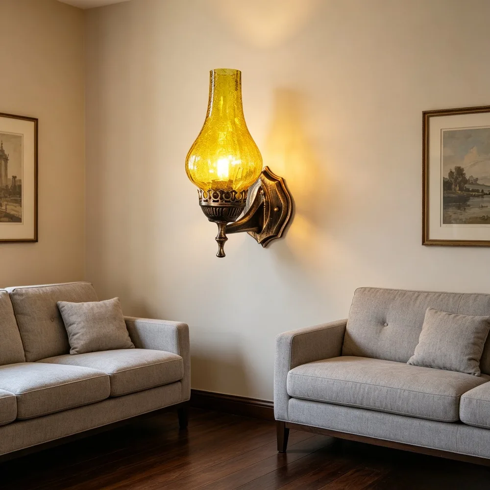 Artpad Vintage Metal Wall Glass Light Chinese Style E27 Oil Lamp with Crack Lampshade Decoration