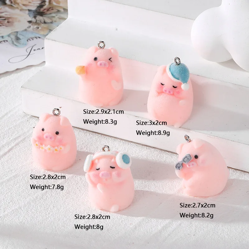 20pcs 3D Cute Flocking Resin piglet Charms Cartoon Doll Pendant For  Necklace earrings DIY crafts Jewelry Accessories