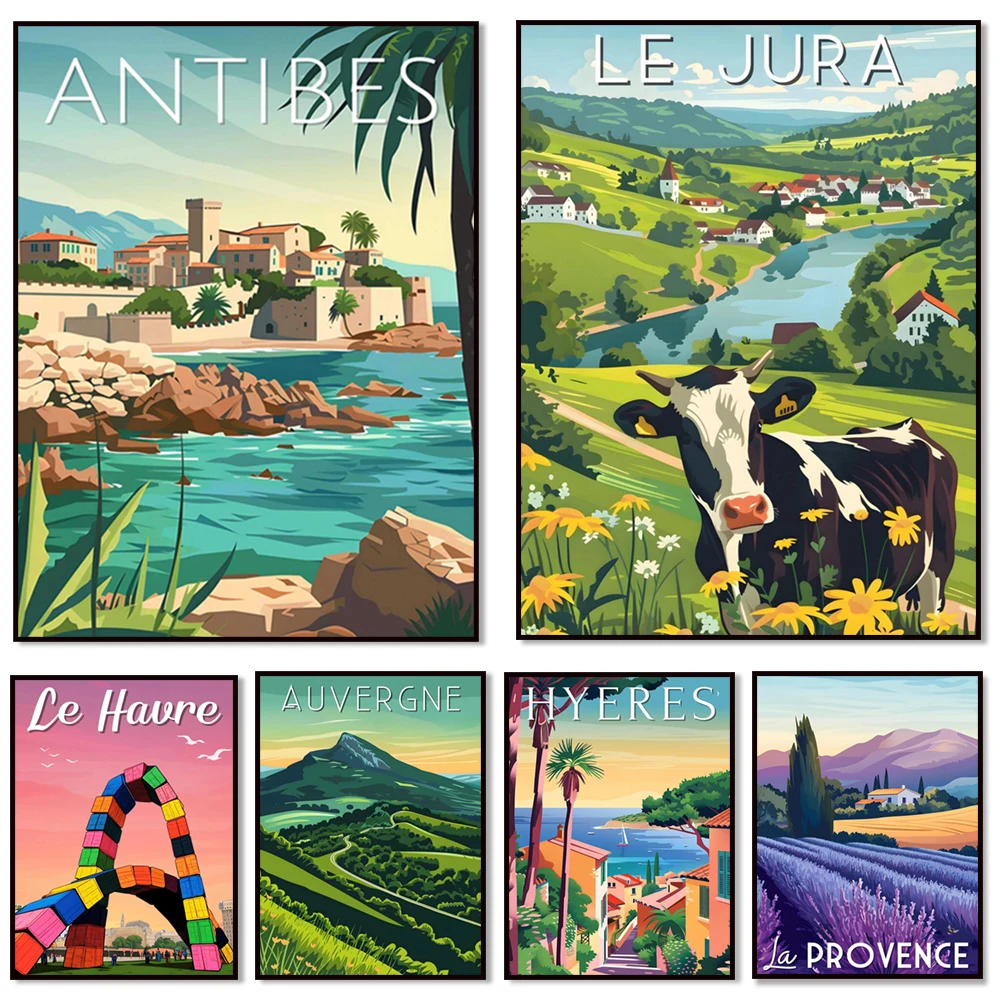 Póster turístico Jura Road, Corsica, Islas Frioul - Marsella, Antibes, Provenza, Brittany Tour, Auvergne, Le Havre, Les Arcs