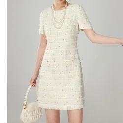 Spring Summer French Simple Elegant Chic Tweed Dress Female Round Collar Loose Korea Office Women Dresses with Short Sleeves