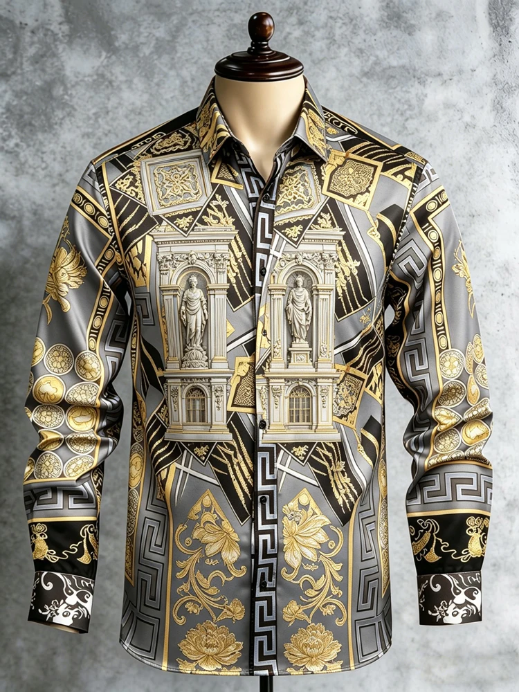

Men's summer light luxury long-sleeved shirt gold chain 3D printed shirt soft and comfortable vacation casual outdoor top men