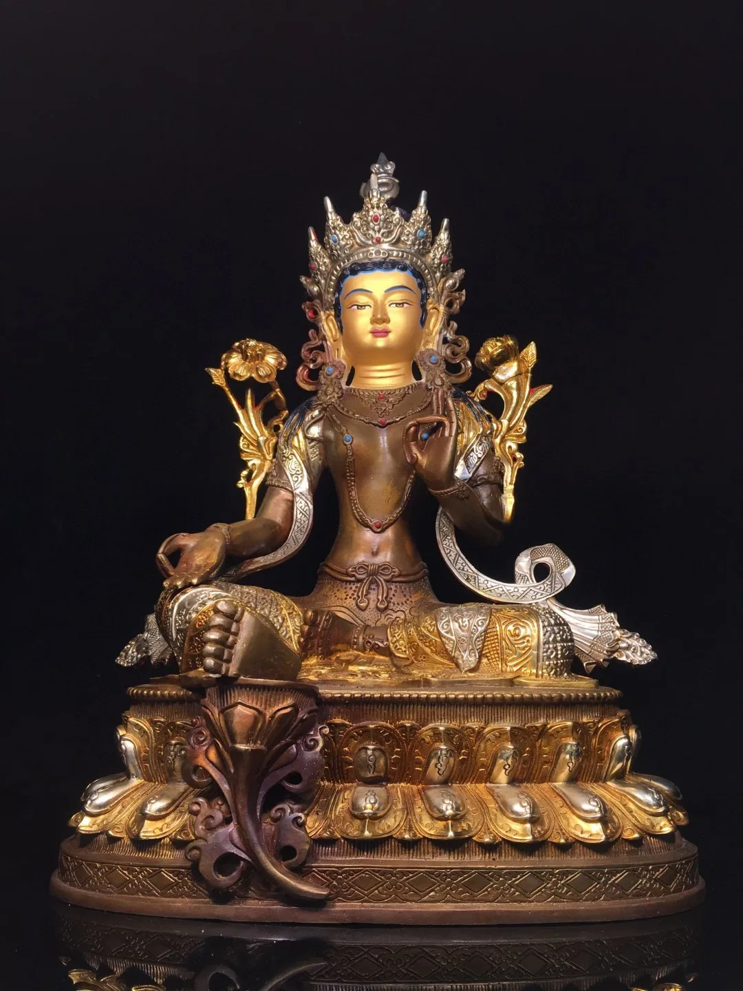 Pure copper painted inlaid with precious stones Tibetan gilt silver longevity Buddha Tara Guanyin statue home Buddhist hall orna