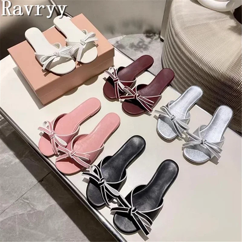 

Women New Butterfly Knot Slippers Summer Fashion Round Open Toe Flat Sandals Sweet Girls Party Casual Holiday Shoes
