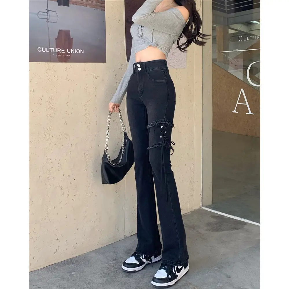 

Black Higth Waist Jeans Womens 2023 New Spring Autumn Micro Flare Jeans Ladies Korean Slim Denim Pants Design INS Trousers