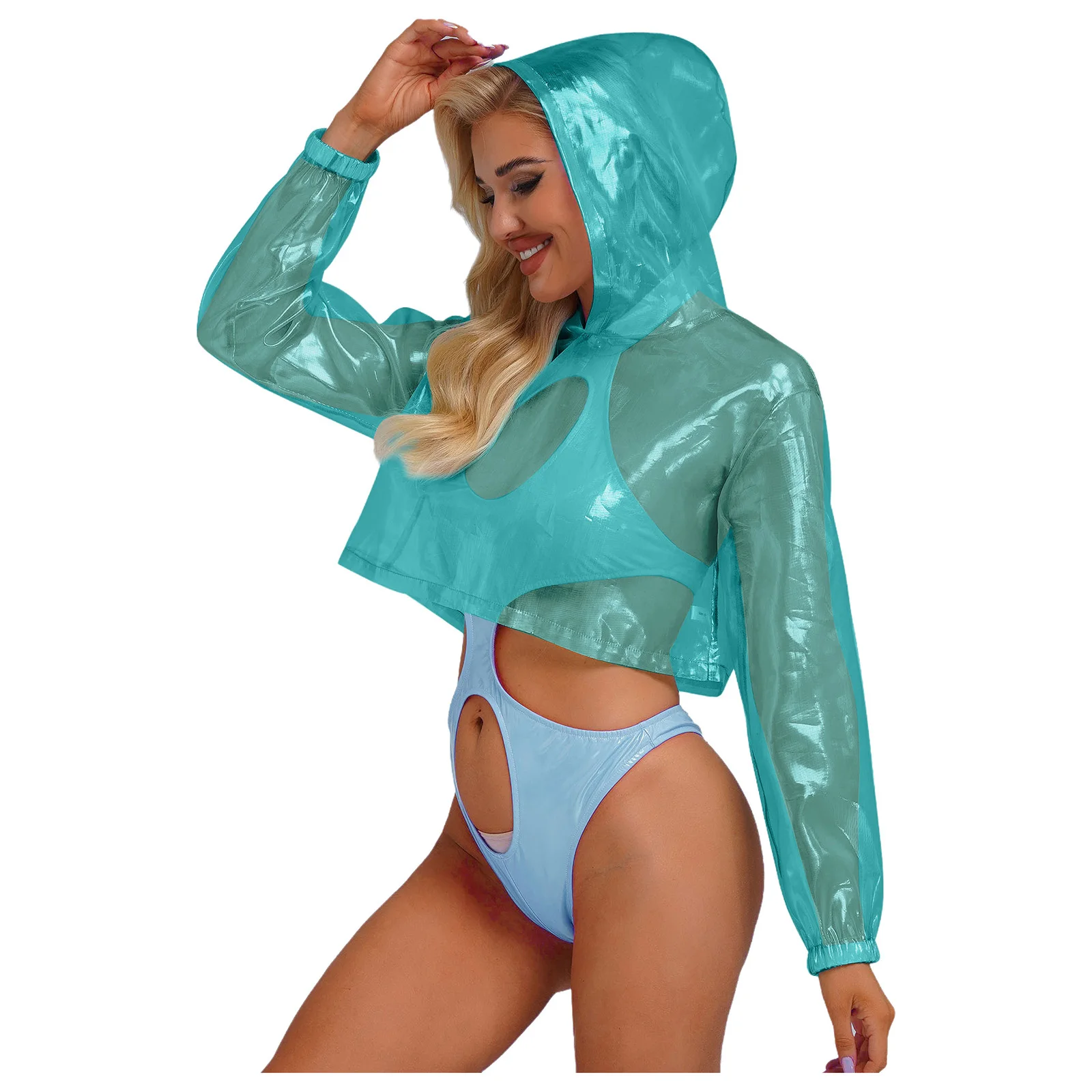 レディースキラキラ透明フード付きトップホログラフィック長袖クロップド Tシャツフェスティバル絶賛衣装プルオーバーパーカークラブウェア