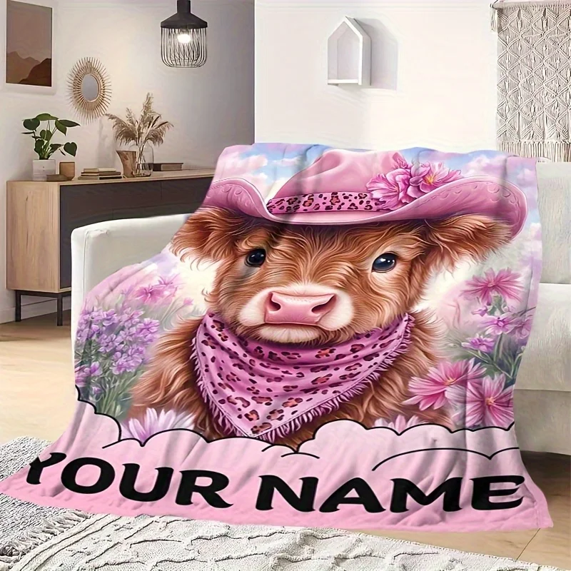 1pc Custom Cow Print Blanket with Personalized Name Soft Flannel All-Season Ideal for Sofa Camping Cute Cow Decor