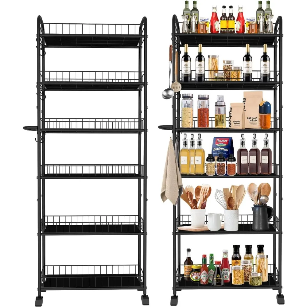 Carrinho de rolamento fino com armazenamento de 6 camadas, estante móvel com rodas para cozinha, banheiro, escritório, lavanderia