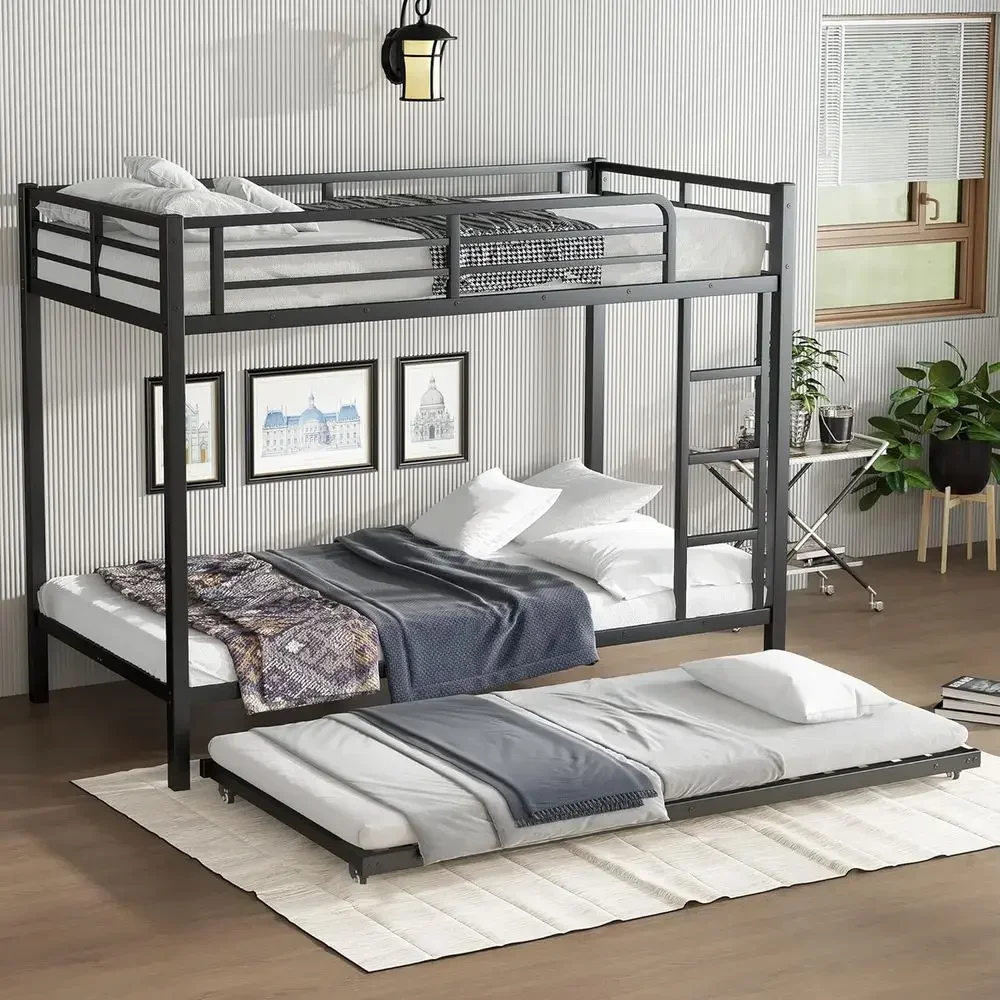 Twin XL Bunk Bed with Trundle, Metal Frame, Ladder, and Guardrail - Ideal for Kids, Teens, and Space-Saving Living, Black view 4