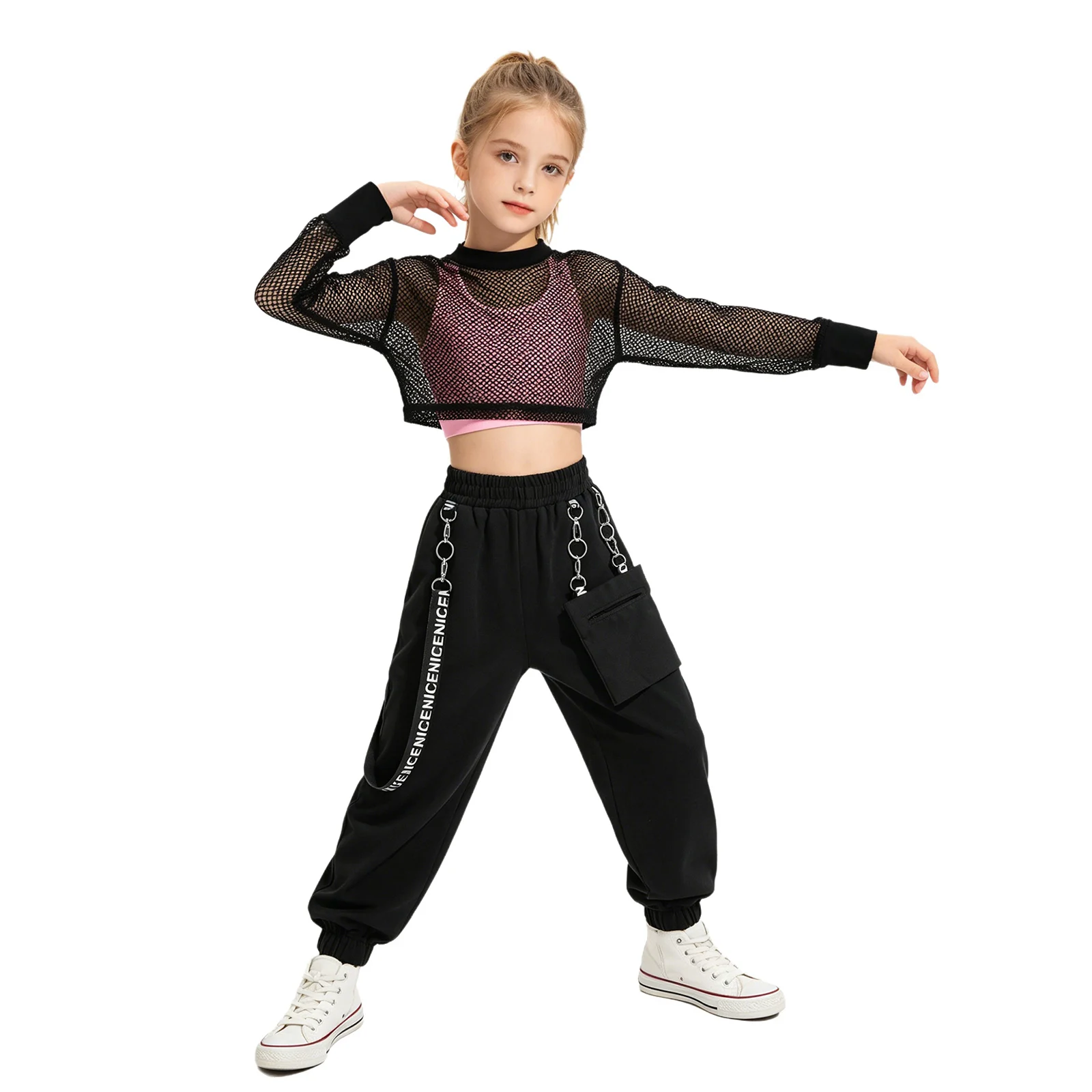 Girls Hip Hop Jazz Street Dance Sports Skateboard Costume Set Sheer Mesh Crop Top with Cargo Pants Vest Dancewear Sportswear