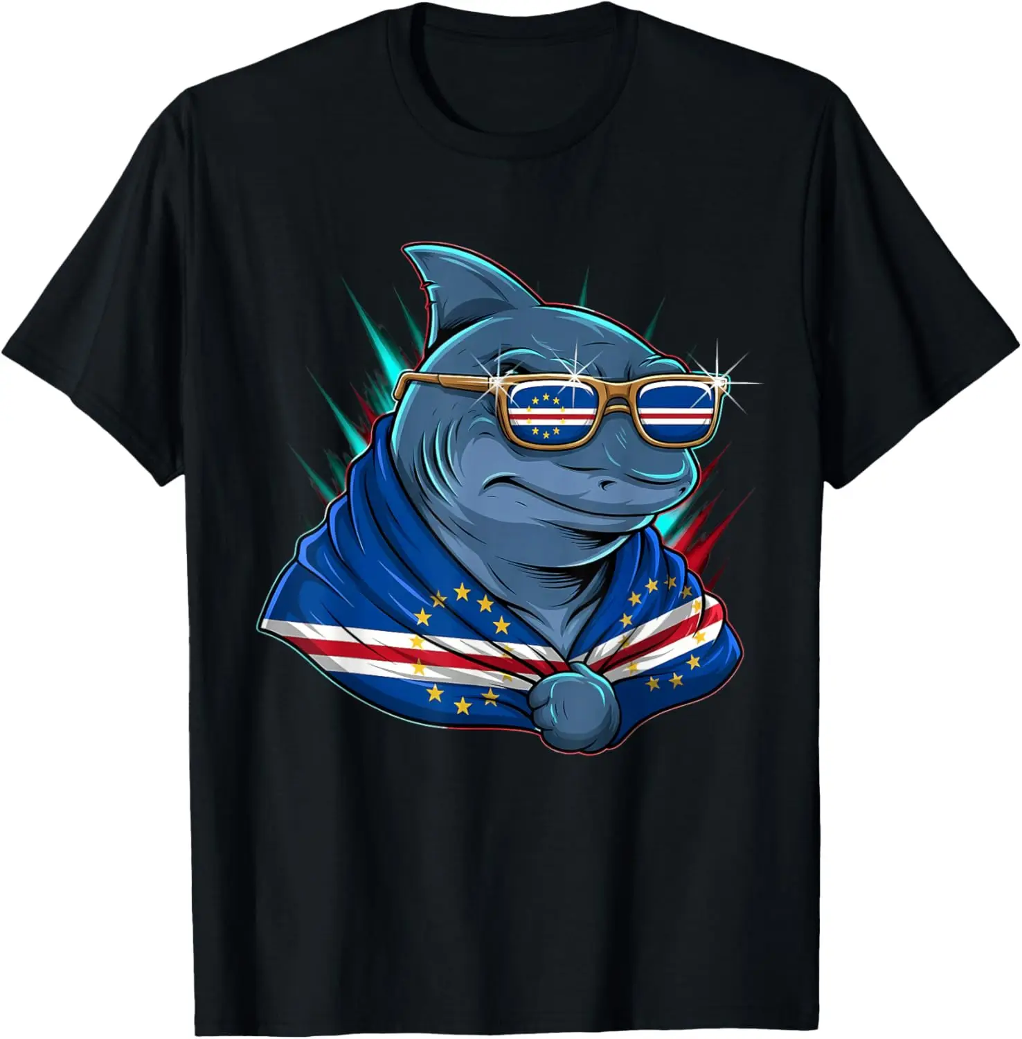 Flag Shark Cape Verdean Roots Cabo Verde T-Shirt 100% Cotton Trendy Y2K Short-Sleeve Tee – Soft, Quick-Drying, &