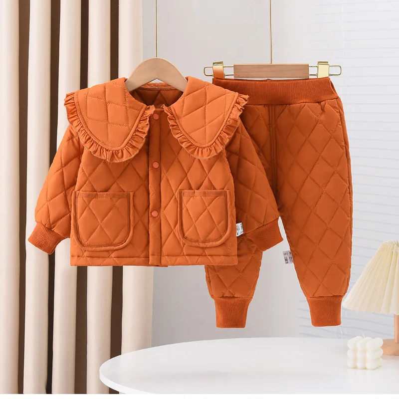 New Girls Clip Cotton Sets Winter Baby Warm Coats+Pants 2Pcs Autumn Children Lapel Solid Fashion Clothing Suit 12M-6 Years