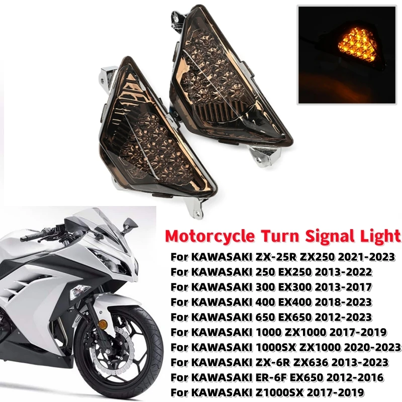 1Pair Motorcycle Front LED Turn Signals Light  Smoked Lens Signal Lamp For KAWASAKI NINJA 250/300/400/650/1000 ZX-6R Ninja