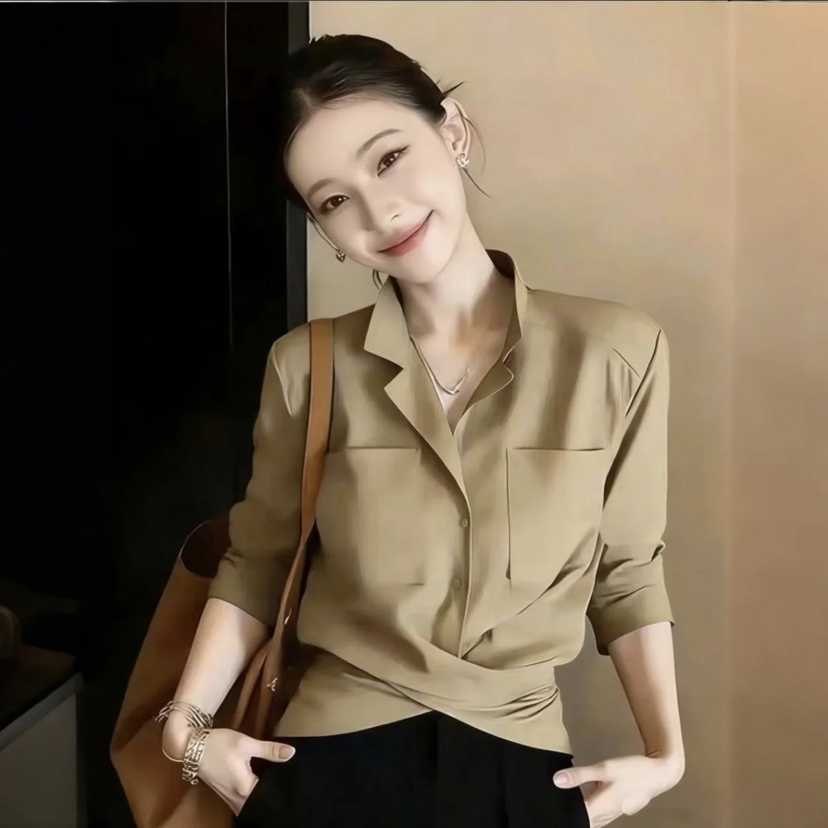 

Elegant Long Sleeve Women's Shirt Cross Waist Design Sensation Spring New Style High Quality Fashionable Business Casual Top