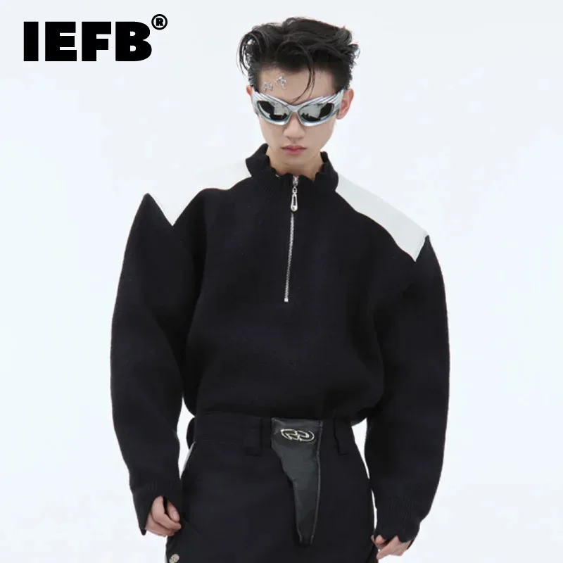 IEFB Niche Design Splicing Knitted Sweaters Metal Zipper Decoration Simple Contrast Color 2024 Male Tops Fashion Winter 24E2723