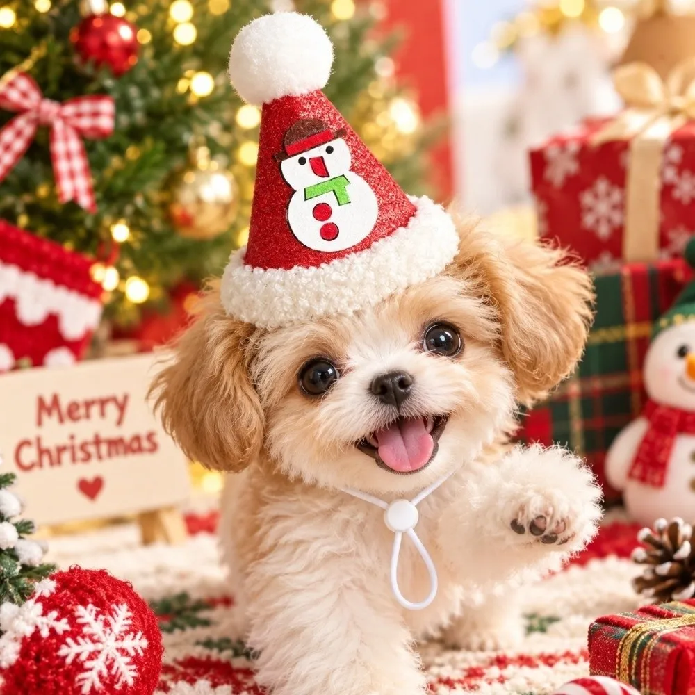 Handmade Christmas Pet Hat Soft Pompon Adjustable Strap Cat Santa Cap Knitted Yarn Elastic Band Yarn Kitten Headwear